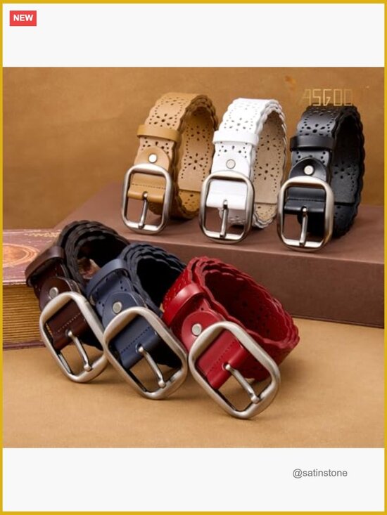 Genuine Leather Hollow Flower Belt for Jeans Pants Wide Belt